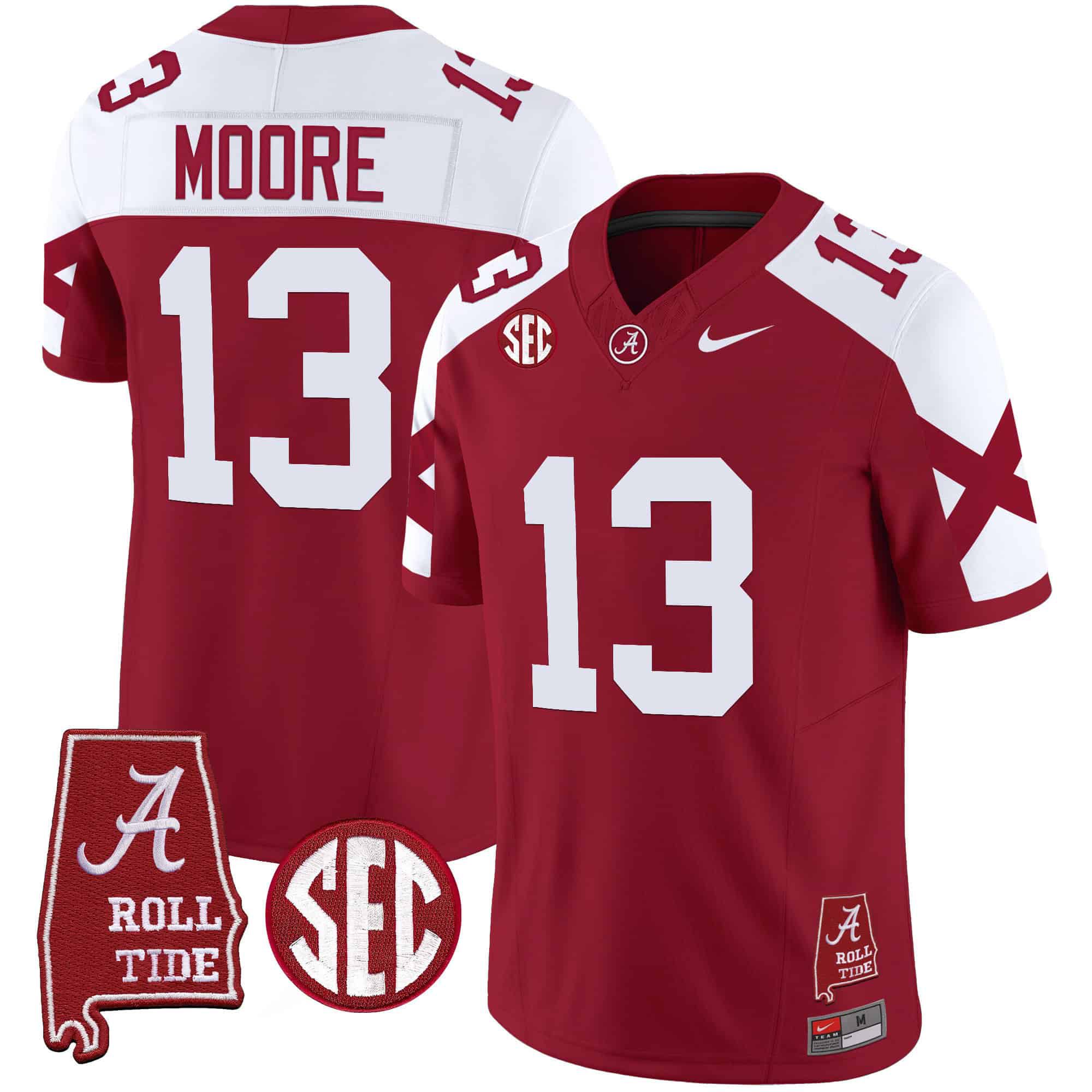 Men Alabama Crimson Tide #13 Moore Red Map Vapor Limited 2024 Nike NCAA Jersey style 1